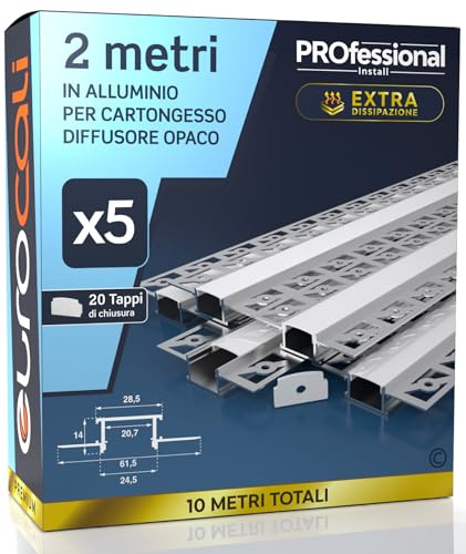 5x Profili da 2m (10mt) a Scomparsa in Alluminio per Strisce LED | Schermatura Opaca ingombro max striscia led 20.7mm - 28.5 x 14 (alette 61.5)