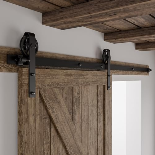 Schiebetürbeschlag 214cm Schiebetüren Schiebetürsystem Komplettset Laufschiene Rollen Set Schwarz für 1 Holztür 107cm Breit, Mittlere Rolle in J-Form