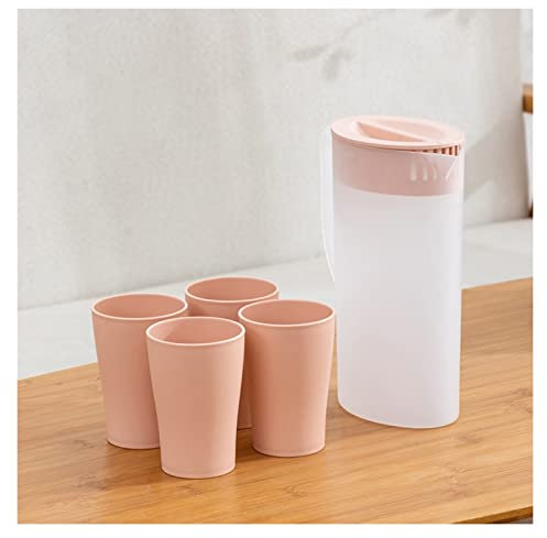 Fruchtsaft Krug Kaltwasserflasche und Tassen aus Kunststoff Set Home Große Kapazität Wasserkanne mit Griffsaft Pitcher-Kugel for Säfte (1500ml / 2000ml) Wasserkrug ( Color : Pink , Size : Small )