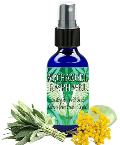 Archangel Raphael Sacred Spray with Reiki Charged Green Prehnite Crystal (2 oz) - High Frequency Healing Spray in Glass Bottle