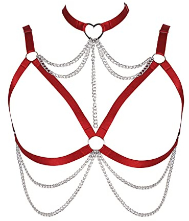 BBOHSS Damen Body Harness BH Plus Size Hollow Punk Metallkette BH Gothic Karneval Weihnachten Halloween Party Tanzkostüm, weinrot, 90