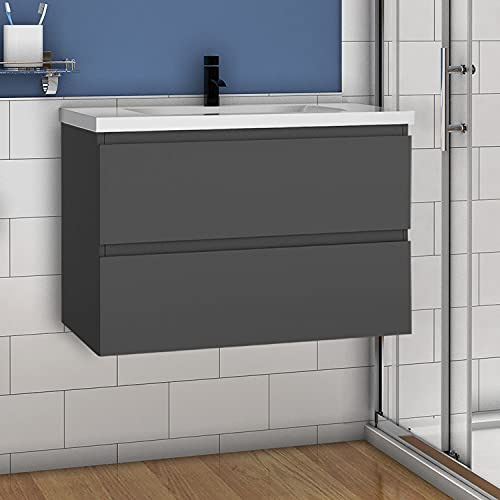 Aica Sanitär Waschtisch mit Unterschrank 80 cm Badmöbel Set Waschbecken mit Unterschrank Anthrazit Matt Softclose