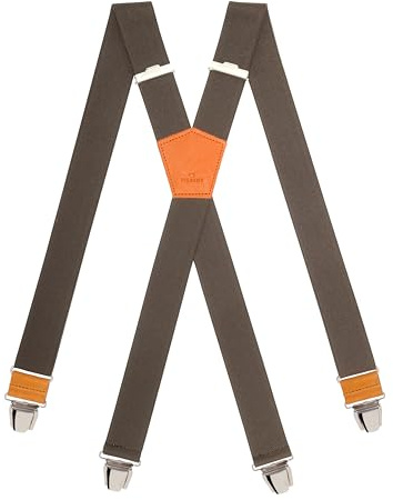 Pierrot hängslen för män breda premium tillverkade i Tyskland/Frankrike – förstärkt gummiband, läderfästen och 4 extra starka X-klämmor – justerbar längd upp till 130 cm – garanti för livslängd, BRUN,