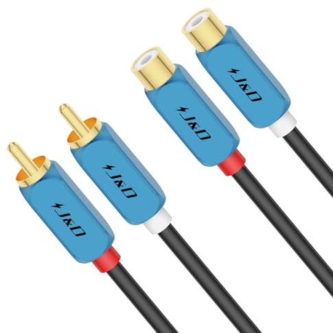 J&D Câble d'Extension 2 RCA, Câble d'Extension Audio Stéréo 2 RCA Mâle vers Femelle avec Coque en Alliage d'Aluminium Robuste Plaqué or, 4.5 M