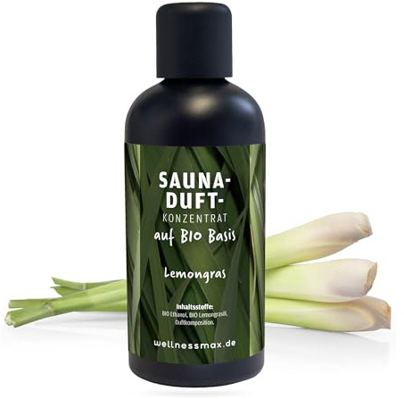 Wellnessmax Bio Sauna-Aufguss Lemongras Saunaöl auf Bio-Basis 100 ml I Premium Sauna Aufgussmittel für für Saunen, Aromaschalen, Kräuterbäder und Dampfbad ein 100% natürlicher Saunaduft