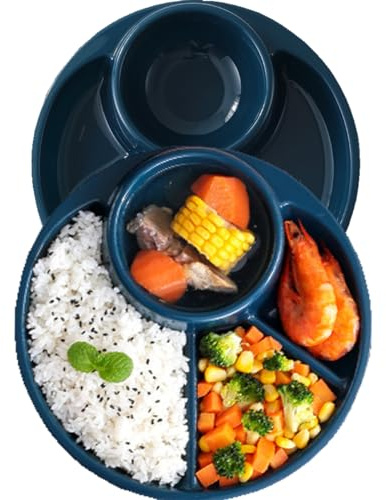 AIYoo Unbreakable Divided Plates for Adults Portion Control Plates Set of 2 Dark Blue Round Plastic Dinner Plate 9 Inch for Camping Outdoor or Every Day Use