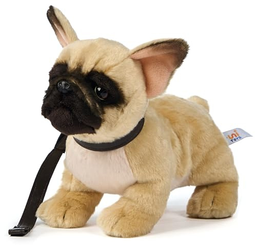Uni-Toys Bouledogue français (Beige) - avec Laisse - 26 cm (Longueur) - Chien en Peluche - Doudou