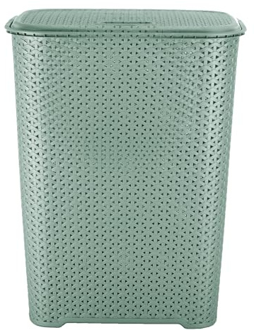 JMS we create smile - 65L Litre Large Laundry Basket With Lid | Plastic Rattan Knit Design Silver Sage Laundry Hampers Washing Baskets for Linen Clothes for Bathroom Bedroom