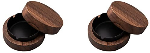 SRMAN 2X Walnuss Aschenbecher mit Deckel Winddichter Aschenbecher Aus Tragbarer Aschenbecher für Raucher Desktop Büro, (Schwarz)