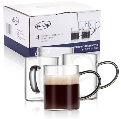 Bacimi® Clear Demitasse Mini Espresso Cups with Smoke Handles - Set of 4 / 3oz / 90 ML - Borosilicate Glass 3mm Thick for Espresso, Cappuccino, Latte & Hot Beverage -Dishwasher/Microwave Safe