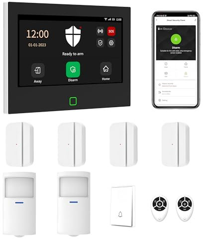 Mengshen WiFi Tuya Alarm System, 10-Piece Kit Include 7 Inches Security Panel Doorbell Door Window Motion Sensor Remote Control Phone APP Notifications 24/7 Protection NO Monthly Fees