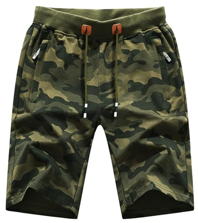 LY4U Pantalones Cortos Casuales de Verano para Hombres, Deportivos para Gimnasios, Pantalones Cortos de Camuflaje con Bolsillos de Cuerda de Bombeo y Cremallera, Verde M