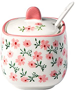 QXSJEDYCH Zuccheriera, contenitore for condimenti, zuccheriera in ceramica con coperchio e cucchiaio, scatola for condimenti for saliera in fattoria, scatola for spezie in ceramica con cucchiaio e bas