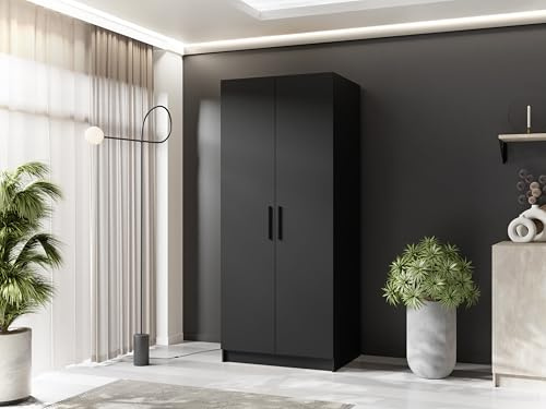 KIER FURNITURE - Drehtürenschrank - Kleiderschrank mit Kleiderstange - Garderobenschrank für Schlafzimmer, Flur - Flurgarderobe Schwarz - 78x205x52,5 cm
