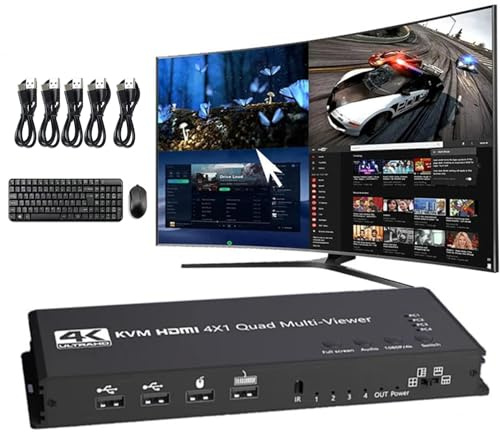 4K HDMI KVM Switch 4x1 Quad Multi Viewer 4 in 1 Out KVM HDMI Processor Screen Multiviewer Seamless for 4 PC Share Mouse Keyboard