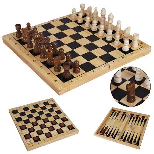 TOWO Holz 3-in-1 Schachbrett, Schachspiel, Dame-Spiel, Backgammon-Set - Klassische Holzspiele für Kinder, Erwachsene, Familienspiele, Reisespiele, tragbar, langlebig