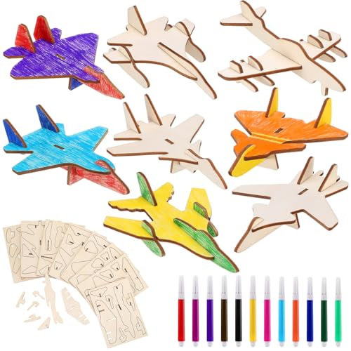 taonganui 16 Stück Flugzeug Holz Bastelset, 3D Puzzle Holz zum Bemalen und Basteln DIY 3D Flugzeug Holzbastelsets Kreative Kinderspielzeug Bemalen Handwerk für Kinder Jungen Mädchen