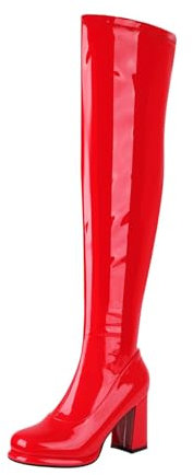Plateau Stiefel Damen Blockabsatz - Overknees Stiefel Langschaft Lederstiefel Lackleder Langschaft-Stiefel Strentch Kniehohe Stiefel Rundzehe Schlupfstiefel Hohe Reitstiefel Pumps