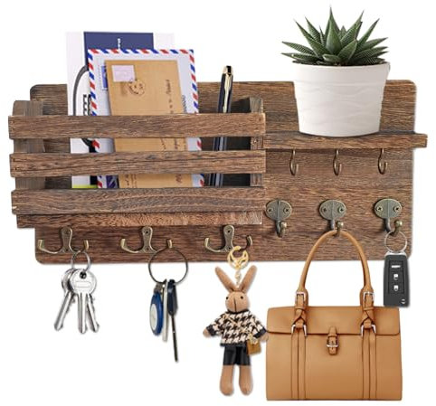 WwuHua Schlüsselbrett mit Ablage, Schlüsselbrett Holz mit 9 Haken, Schlüsselkasten Modern, Schlüsselkasten Geeignet für Eingangsbereich, Haustür, Flur, Schlafzimmer, Büro, Braun