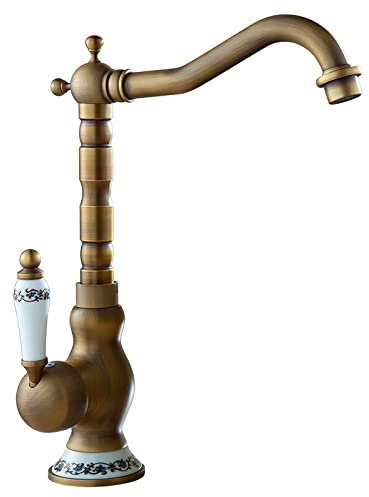 WVRWFDLW Badarmaturen, Antik-Bronze-Wasserhahn for Küche, Kalt- und Warmwasser-Waschbecken-Mischbatterie mit Keramik-Einhand-Waschtischarmatur, Kran(SLT065L)