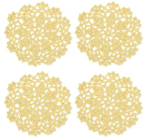 QUARKZMAN Sottobicchieri Tessutos, 4pz 105mm -Centrini all'Uncinetto Cotone Intrecciato Tappetino Tazze Pizzo Ricamato con Motivo Floreale per Decorazioni Matrimoniali (Giallo Chiaro)
