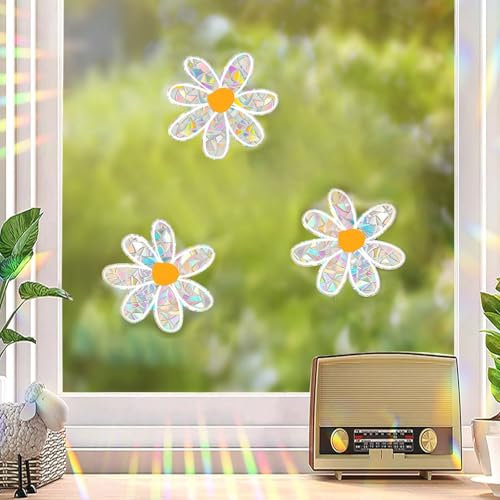 BelleVive 3 Piece Flower Sun Catcher Stickers for Glass Windows, Shiny Rainbow Prism Window Stickers to Prevent Bird Strikes, Daisy Window Stickers to Prevent Bird Strikes, Prism