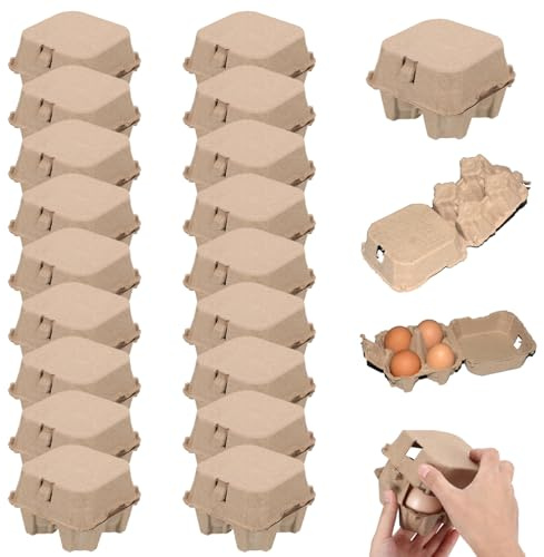 Neroyaner 20 Pcs Egg Cartons 4-Cell Biodegradable Pulp Fiber Stackable Egg Boxes 4x4x3 Inch Cardboard Tray for Farm, Supermarket, Home