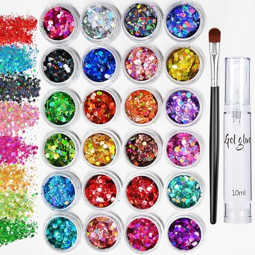 Clawrex Festival Glitzer Gesicht, 24 Farben Chunky Body Glitter, Sequin Körperglitzer Glitzerpulver Pailletten Set Mit Fix Gel und Pinsel, für Körper, Haare, Nägel, Bühne, Halloween, Party, Makeup