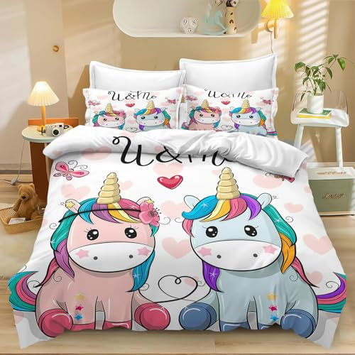 Fadaing Einhorn Bettwäsche 135x200 Bettbezug Set Kinder Microfaser Regenbogen Einhorn Bettwäsche-Set Mit Reißverschluss Und Kissenbezug(15,Single 140 X 210 cm)