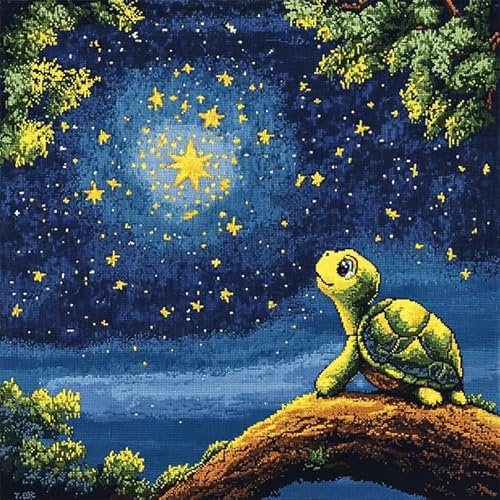 AxiangziK Nachtansicht DIY Knüpfkissen Set erwachsene,Schildkröte unter den Sternen,knüpfkissen set,Knüpfkissen,Überwurfkissen,Matte,Stickerei-Bastelsets für Anfänger Heimdekoration,17x17in