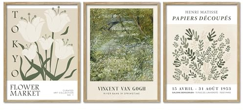 ARTFAVES® Poster Set - Art Galerie Green Botanic - 3-teilige Bildercollage Wohnzimmer, Schlafzimmer - moderne Wandbilder grün, Pflanzen, Van Gogh, Flower Market - 30x40 cm - mit Rahmen Eiche