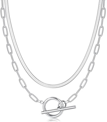 ADRAMATA Guldhalsband för damer, flerlagers 14K guldpläterat halsbandsset, trendig kubansk länk, paperclip halsband med togglelås (silver/guld), 36cm (with extender) and 45cm (without extender