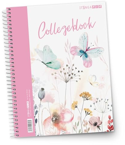 itenga Collegeblock A4 kariert – 80 Blatt | Lineatur 28 | Schmetterling & Blumen Motiv in Aquarell | Spiralbindung | Schulblock für Mädchen & Naturfans