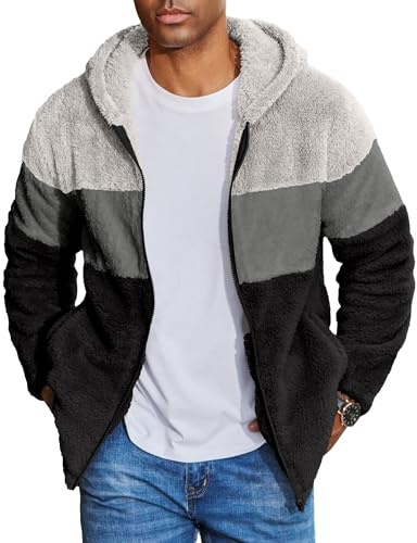 COOFANDY Veste Polaire Teddy pour Homme Veste de Transition Sherpa Sweat Patchwork avec Capuche Gris Clair + Gris foncé + Noir L