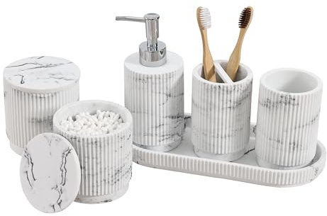 Sapisecret Badezimmer-Set 6-teilig, Weiß in Marmoroptik, Streifen-Design | Mit Seifenspender, Zahnputzbecher, Tablett und Wattestäbchenbox aus Polyharz, bruchsicher und wasserdicht