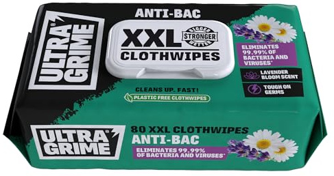 UltraGrime Antibacterial Lavender Wet Wipes Alcohol-Free Heavy-Duty Cleaning Cloths & Hand Wipes - Multi-Purpose Kitchen, Toilet, Floor & Surface Cleaning - Extra Large Cloth Wipes (Pack of 80)
