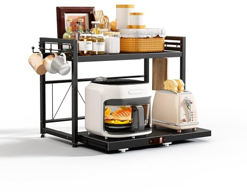 NETEL Verstellbares Mikrowellen Regal 2-stufig, Regal über mikrowelle, küchenregal stehend für arbeitsplatte, küchenregal mit Getränkehalter und schublade,Schwarz, Ausziehbar 40-60cm