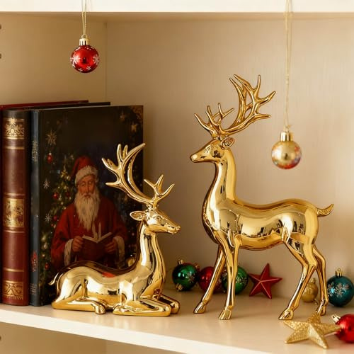 2PCS Reindeer Christmas Decorations, Gold Electroplated Reindeer Ornaments, A Pair of Elk Statues Decor, Nordic European Style Table Craft for Home Living Room and Office Decor (Gold)