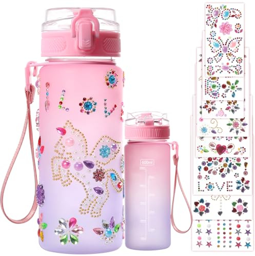 Gåvor till flickor 8-9 10 11 12 år, 600 ml gör-det-själv drickflaska julklappar för flickor klistermärken självdesign glitter ädelsten födelsedag pyssel, present till skoldagen