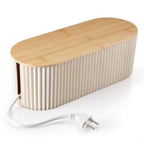 Velicber Cable Management Box Cable Tidy Box with Bamboo Lid 33x13x11 cm | Large Cable Organiser Box, Wire Tidy Box, Hides Messy Power Strips, Cables, Plugs, ideal for Desk, TV, Computer, Home, Office
