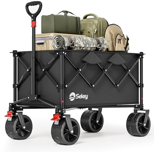 Sekey XXL 4031 All Terrain Bollerwagen Faltbar 135L 150KG mit Bremse | Leichter Faltbollerwagen mit Breite 17x8,5cm Räder Handwagen , Patentiert 4-Wege-Sofortaufbau Transportwagen, Schwarz