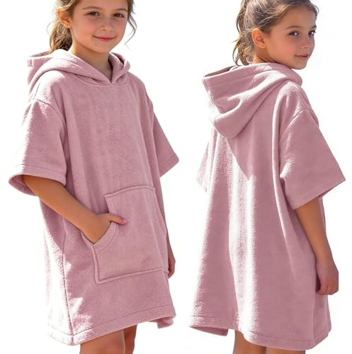 InfiniZer Badeponcho Kinder aus - Saugstarker Bademantel Kinder Frottee mit Kapuze & Tasche (DE/NL/SE/PL, Alter, 3 Jahre, 5 Jahre, Regular, Altrose)