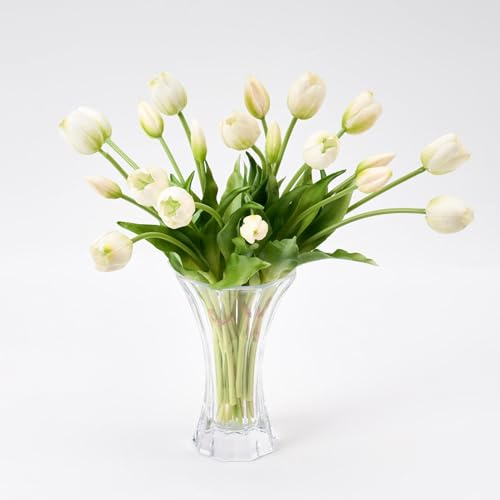 Avoeco 20 tulipanes artificiales de tacto real, ramo de flores de tulipán sintético realistas para jarrón, decoración elegante del hogar, centros de mesa y bodas (20, blanco)