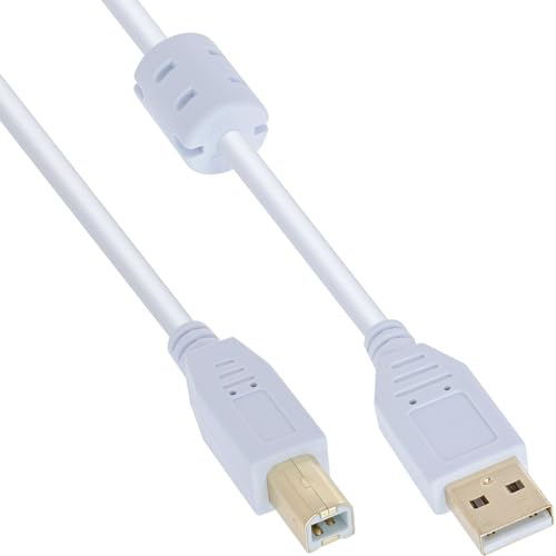 InLine 34555W USB 2.0 Kabel, A an B, weiß / gold, mit Ferritkern, 5m, 1 Stück