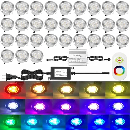 QACA Low Voltage LED Deck Lighting Kit Stainless Steel 0.2W~0.5W RGB Waterproof Outdoor Yard Garden Decoration Lamps Landscape Pathway Patio Step Stairs LED In-ground Lights Silver Border (30pack)
