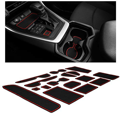 CupHolderHero Lot de 13 pièces de Doublure personnalisées pour Toyota RAV4 2019 à 2020 : Porte-gobelet, Console et Inserts de Poche de Porte (Bordure Rouge)