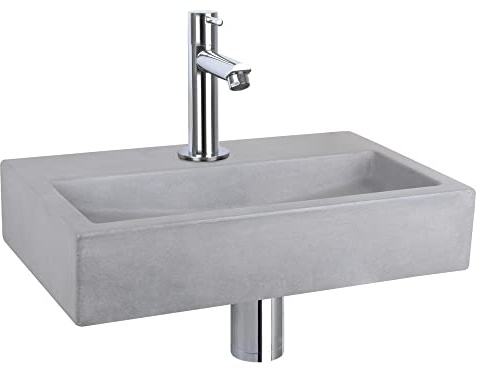 Differnz Flat Waschbecken - Waschtisch Hellgrau Beton - Gerade Armatur Chrom - Komplettset - 38 x 24 x 8 cm