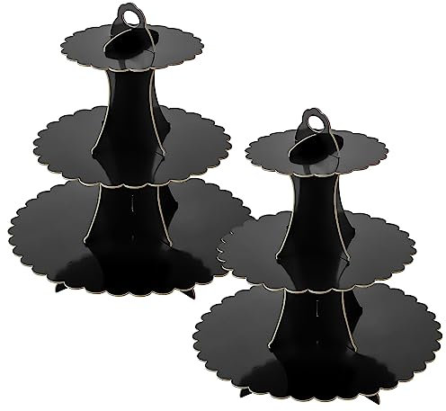 Soleebee Lot de 2 présentoirs à gâteaux en carton à 3 étages - Pour cupcakes, desserts, muffins, fêtes - Pour anniversaire, mariage, fête, gâteau, petits pains - Noir
