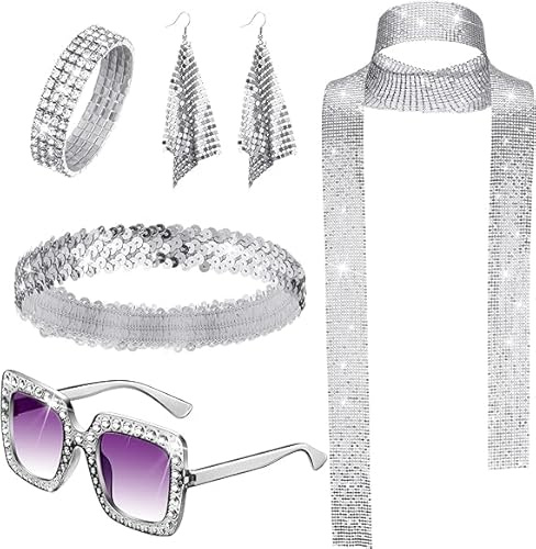 YIZHIXIANGQ Damen Disco Accessoires, 5pcs 70er Glitzer Schmuck, 70er Jahre Disco Zubehör, Disco Schmuckset, mit Pailletten Schal Ohrringen Sonnenbrille Haarband Armband (Silber)