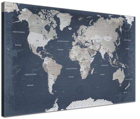 Stilvolle Pinnwand Weltkarte - Granit Gipfel - Deutsch in 150 x 100 cm, stabile Rückwand zum Pinnen inkl. Starterkit - Leinwand-Kunstdruck Wandbild Landkarte XXL